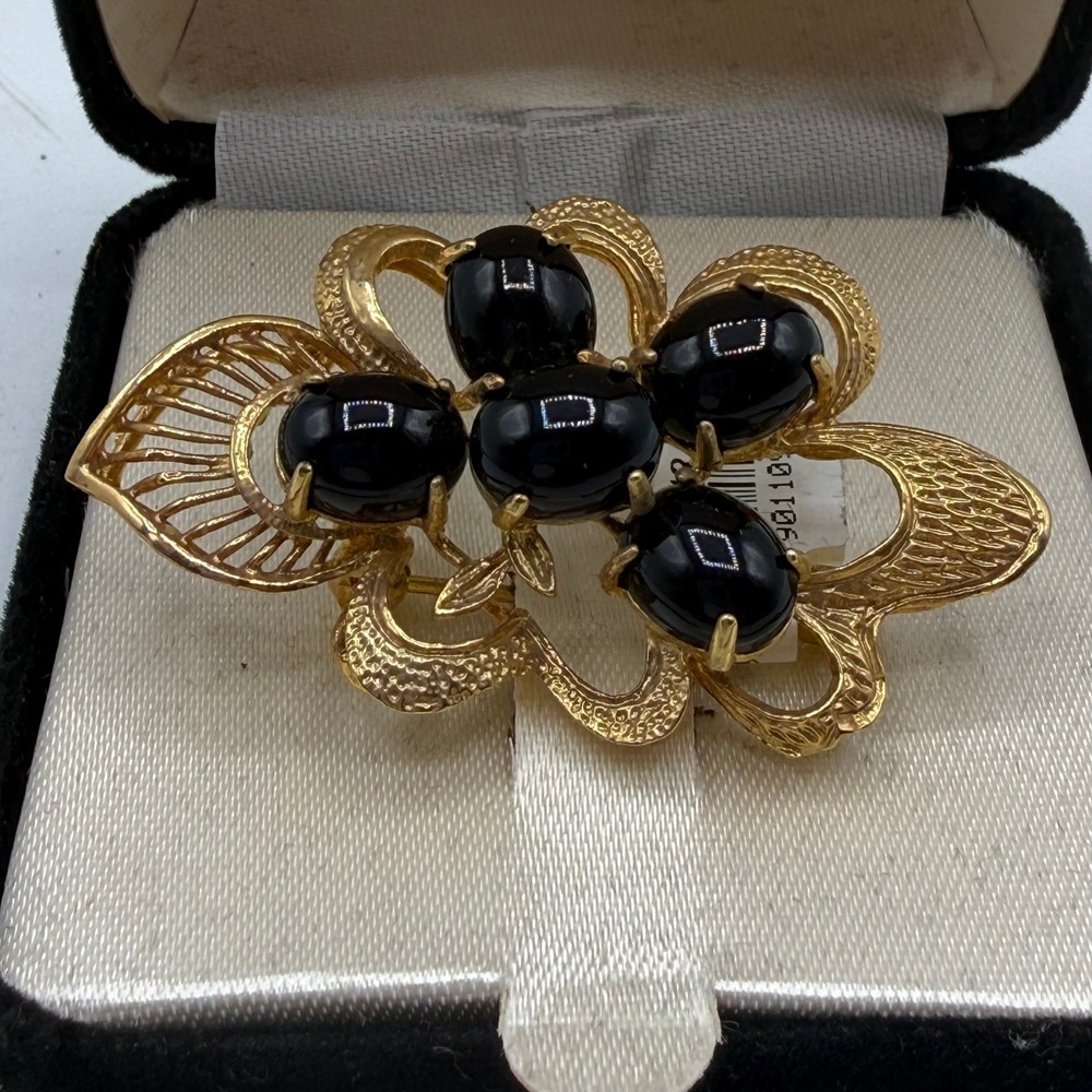 Vintage Hawaiian Black Coral Brooch Gold Plated Floral Leaf Statement Pin